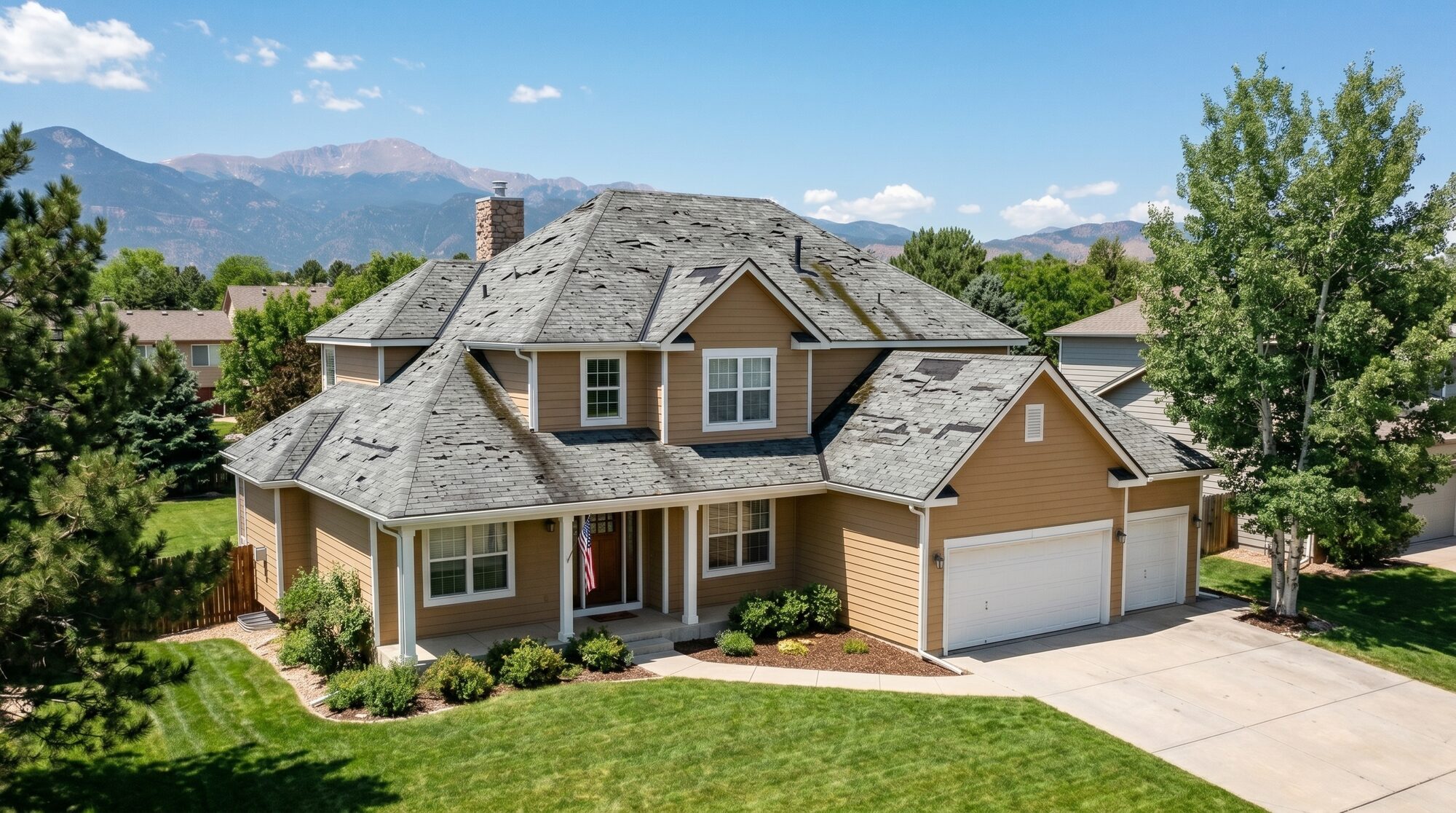 Hail-battered three-tab shingle roof before replacement