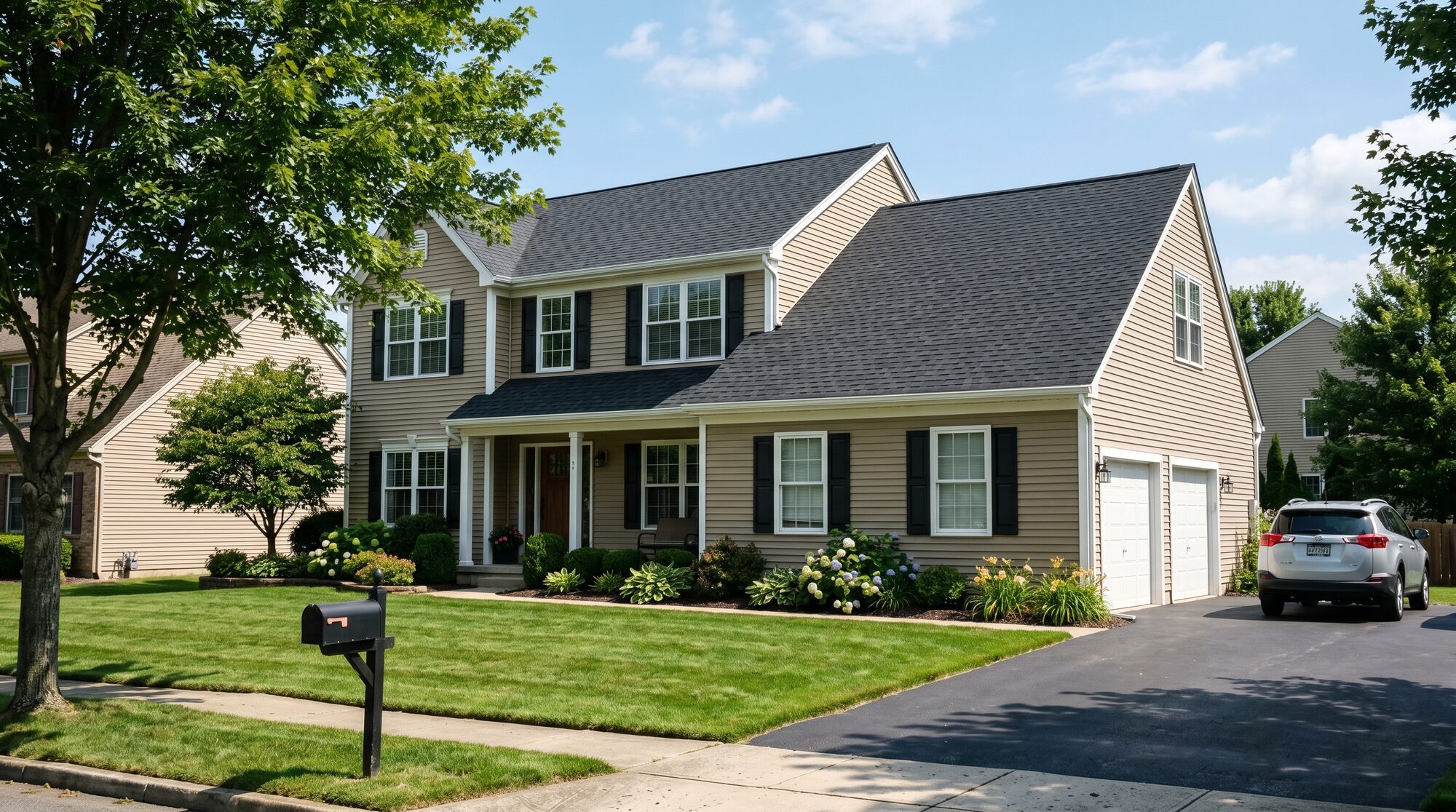 Tan two-story home with a fresh charcoal asphalt-shingle roof, seen from the street