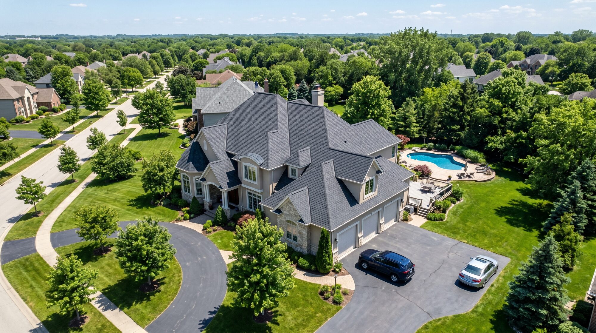 Aerial of a large home with a new Class-4 asphalt-shingle roof