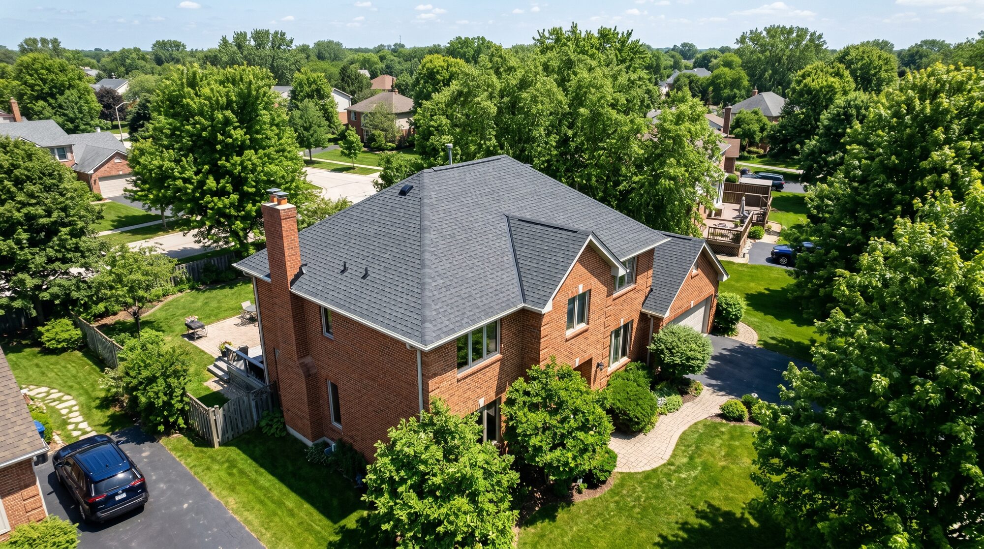 Aerial of a brick home with a completed hail-damage asphalt roof replacement