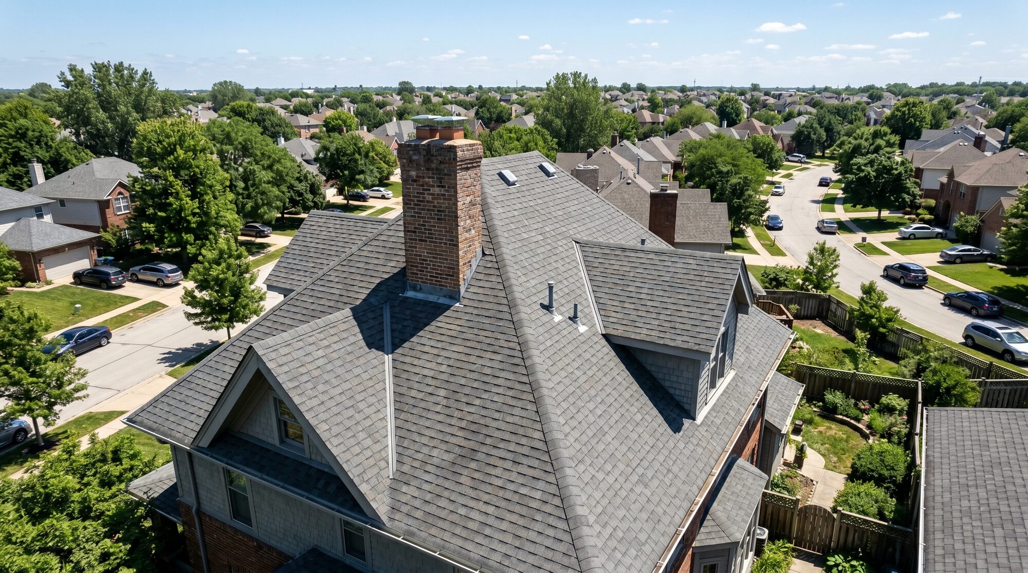 Aerial of a multi-gable home with a new asphalt-shingle roof