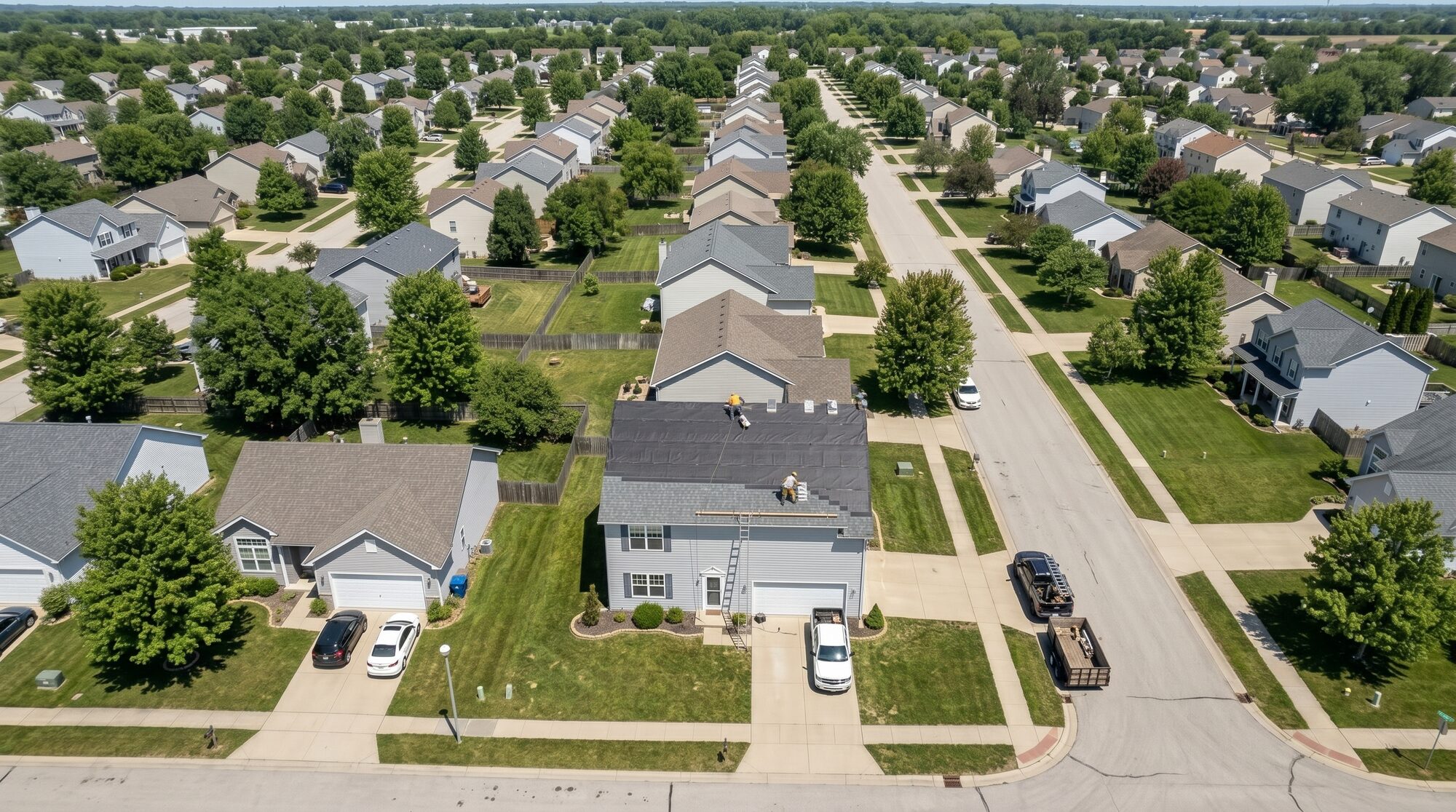 Aerial of a neighborhood home mid roof replacement, with crew and materials staged in the driveway