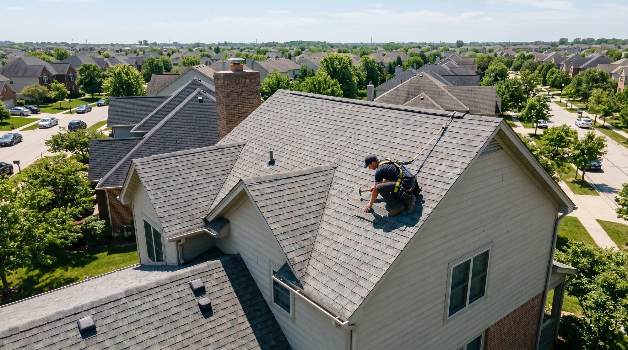 A Redpoint roofer working on a freshly shingled roof in a Colorado Springs neighborhood
