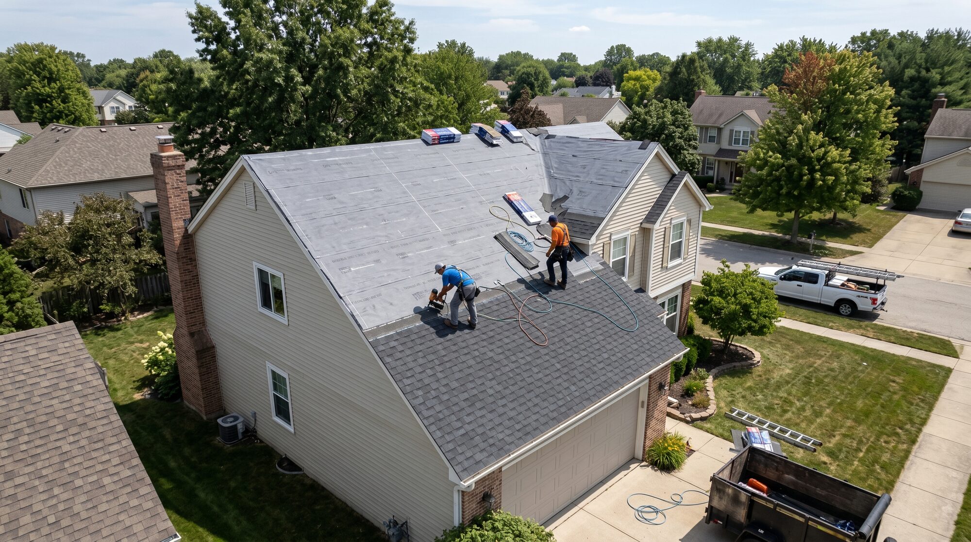 Crew installing architectural asphalt shingles on a steep roof