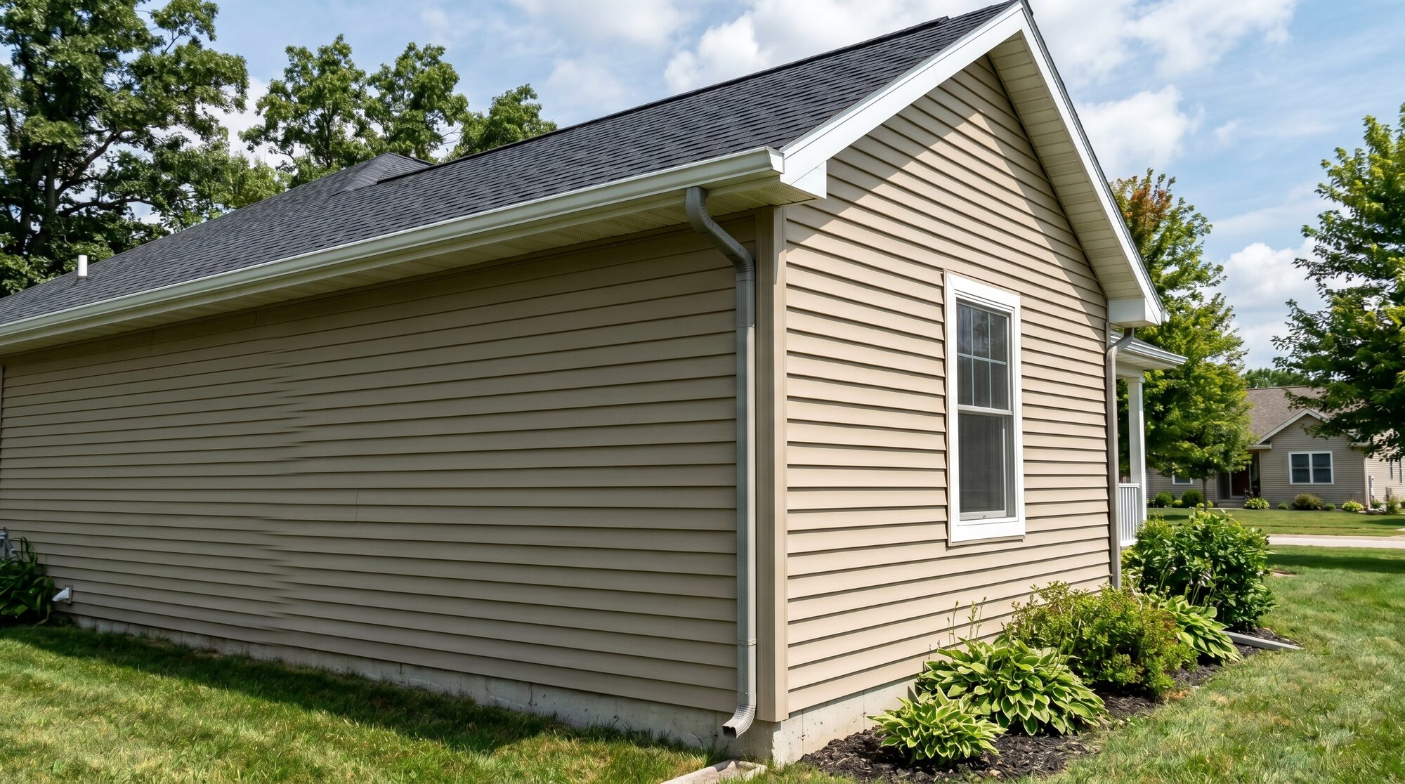 Tan lap siding on a home exterior