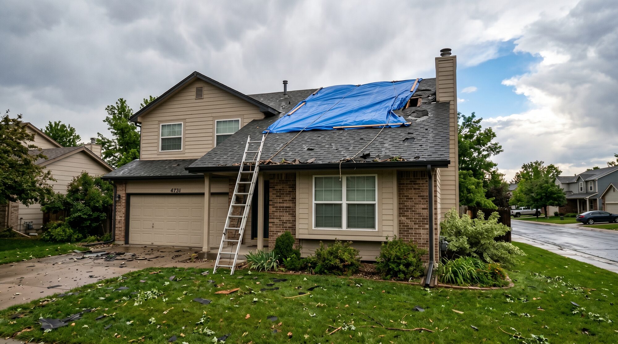 Roofer documenting hail damage on shingles for an insurance claim